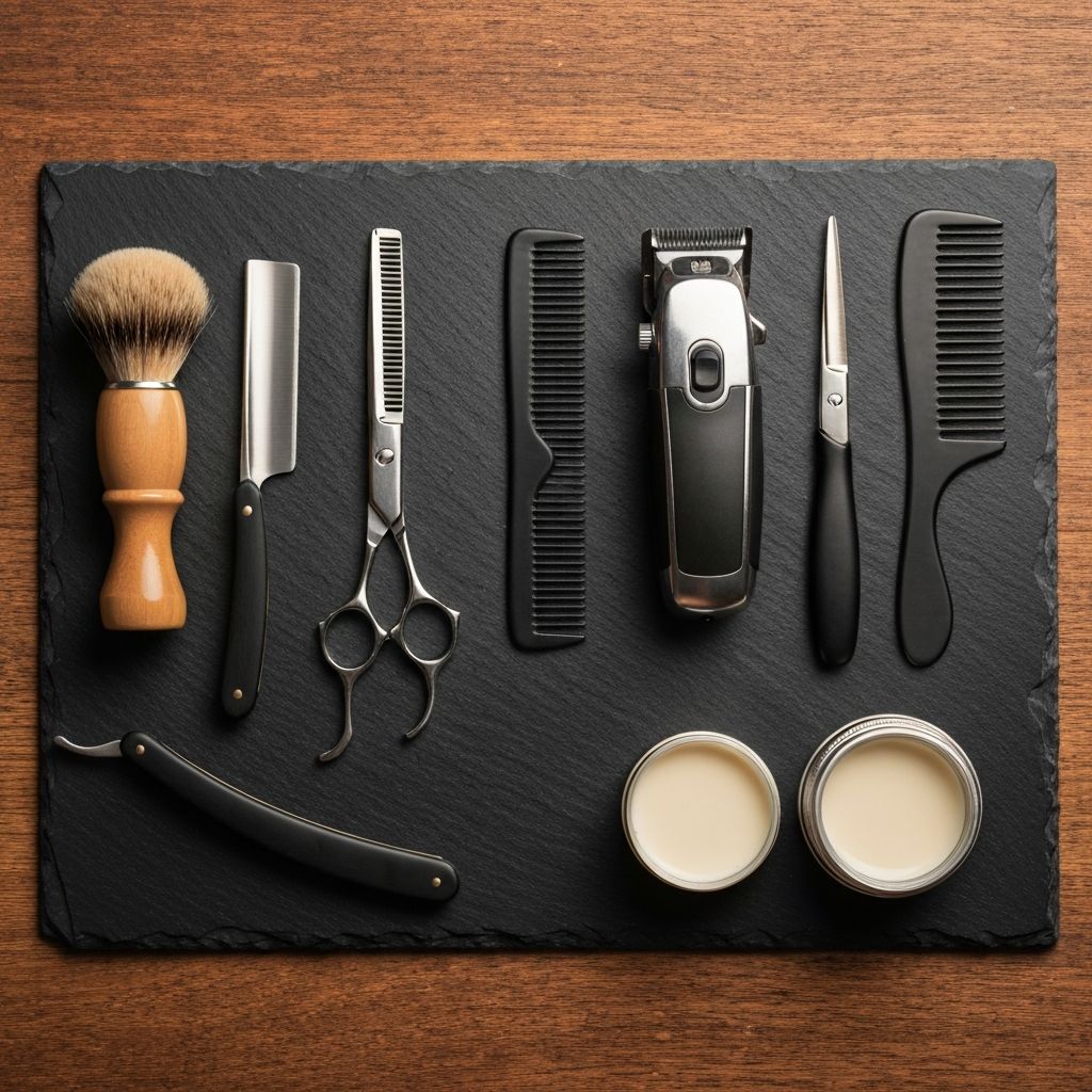 Premium barbering tools including scissors, razor and comb arranged on slate